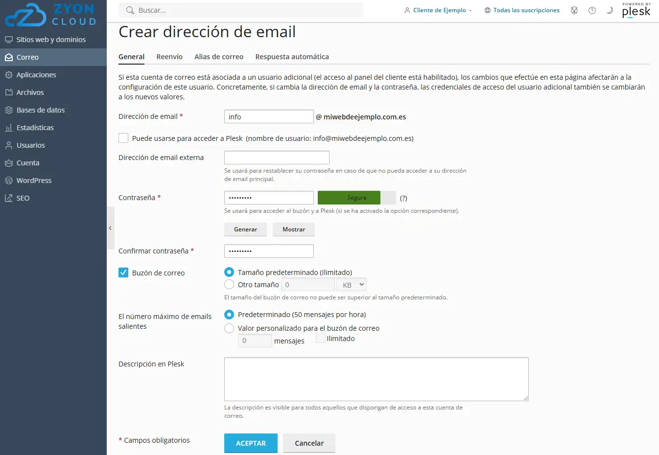 ctas correo plesk 2